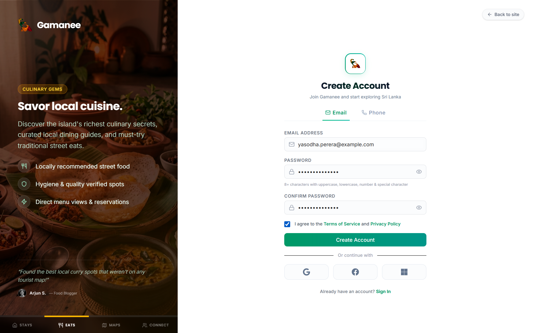 Create Account form filled in with an email address and password