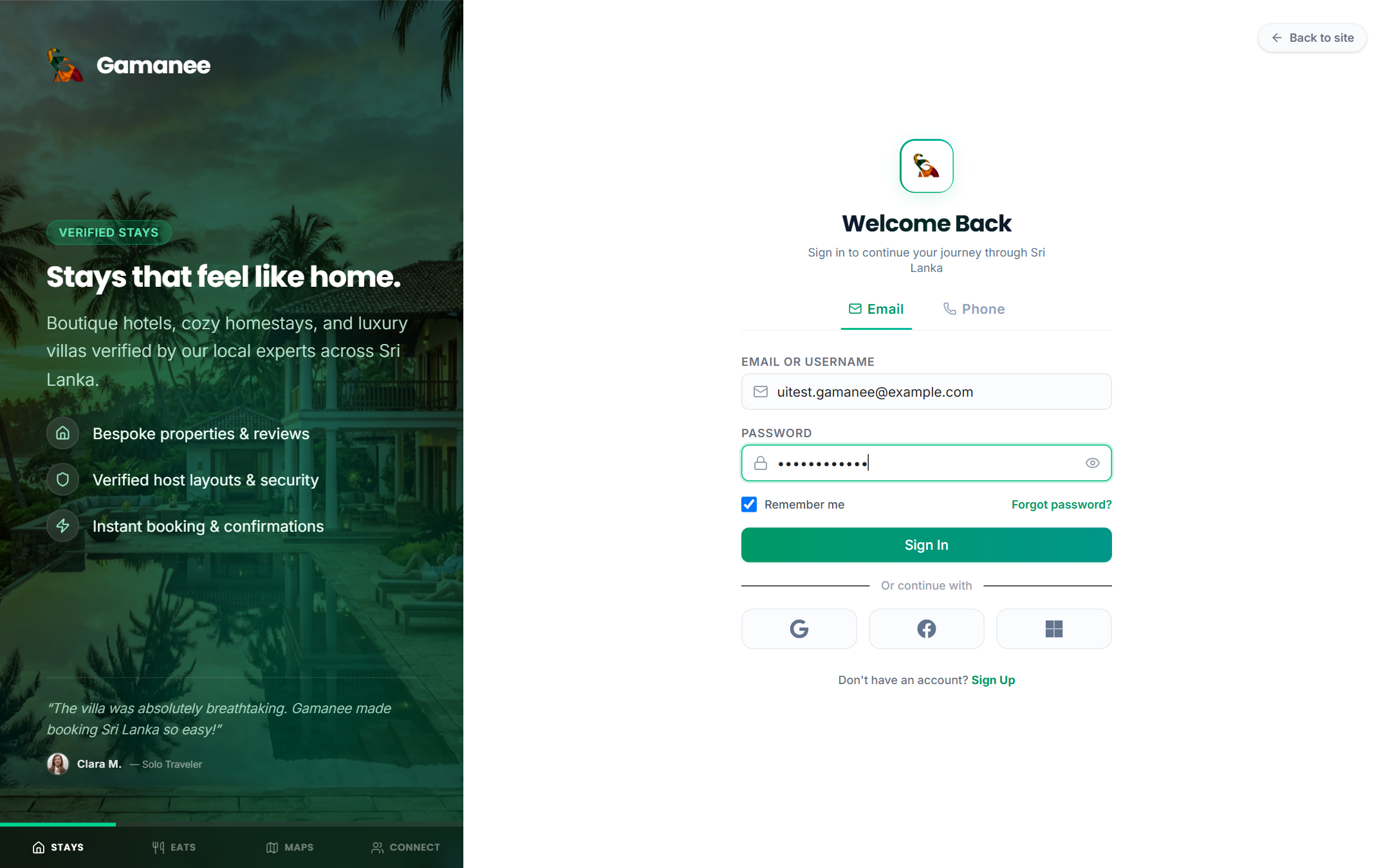 Sign-in form filled in with an email address and password