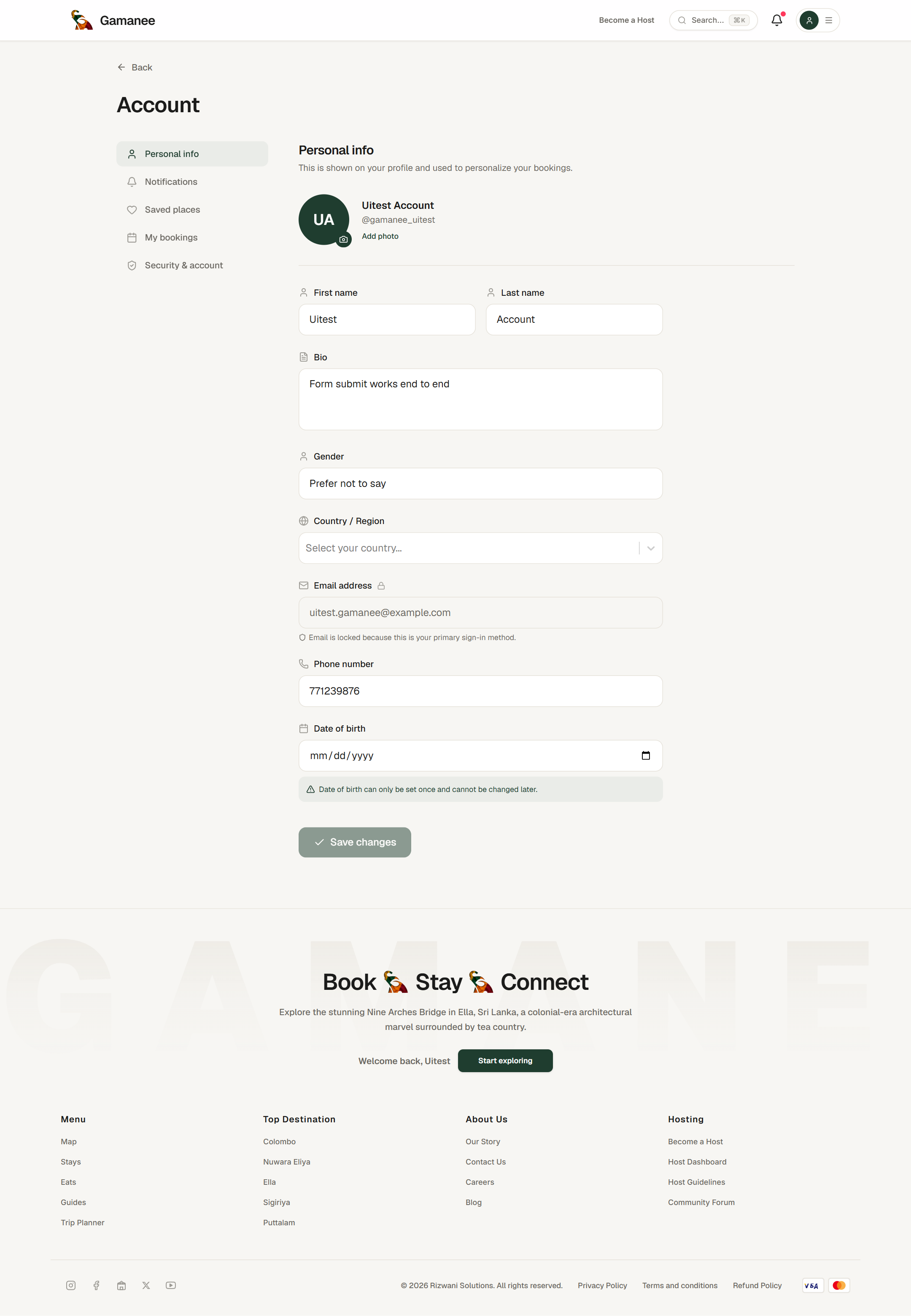 The account portal showing the personal info form and side navigation