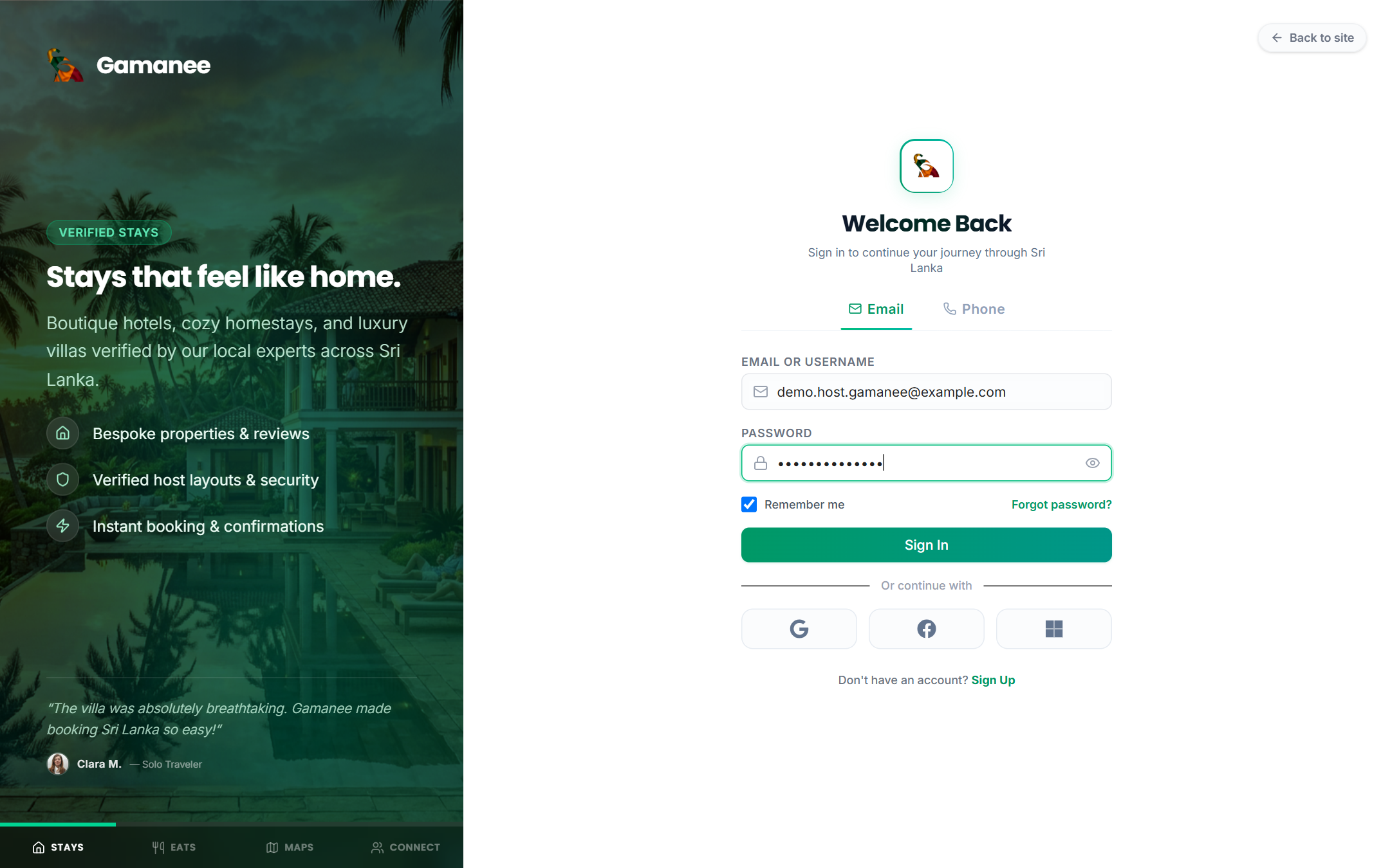 Sign-in form filled in with a host account email