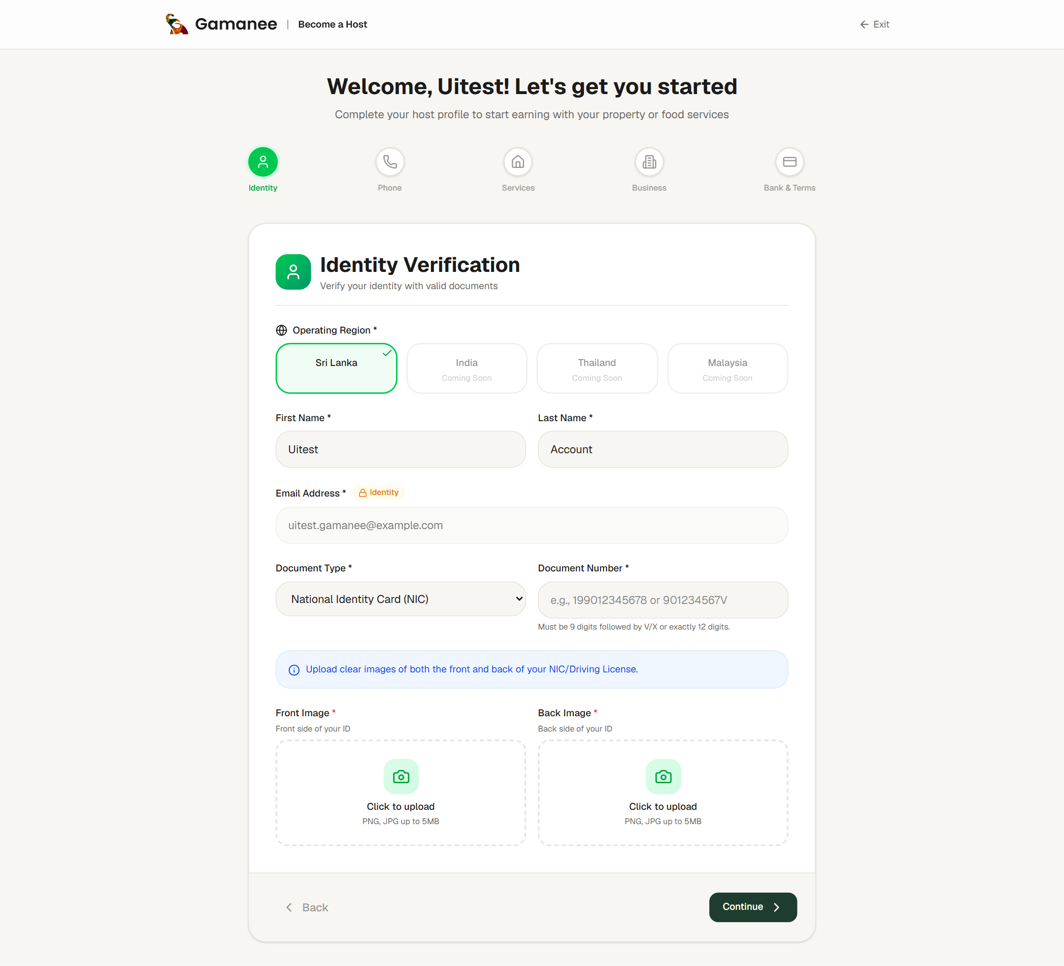 Host registration step 1: identity verification with document uploads