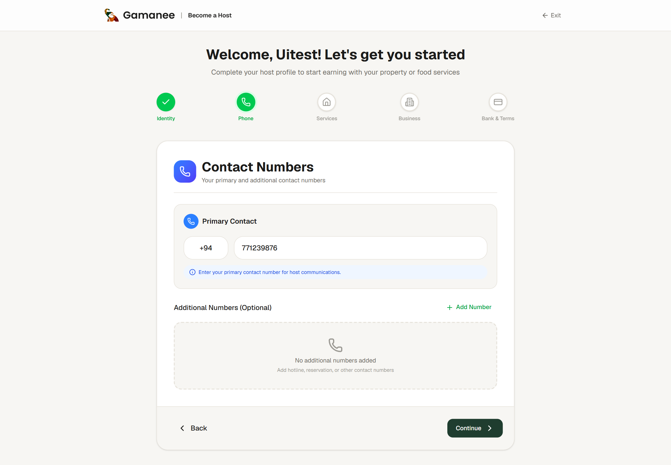 Host registration step 2: contact phone numbers