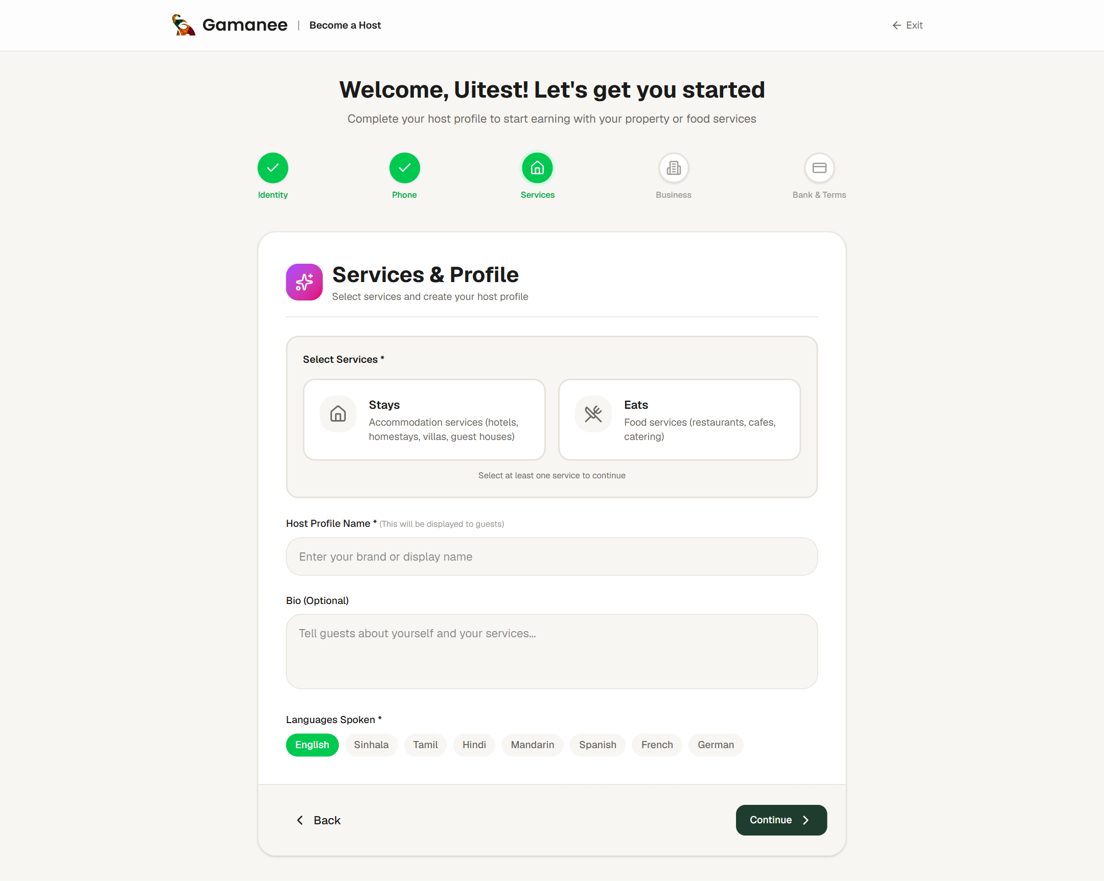 Host registration step 3: service types and host profile