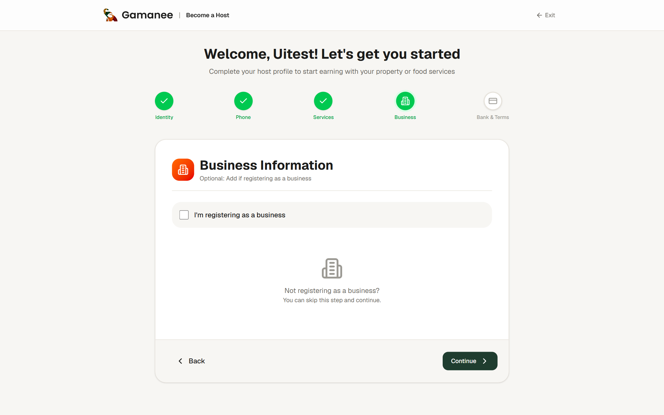 Host registration step 4: optional business information