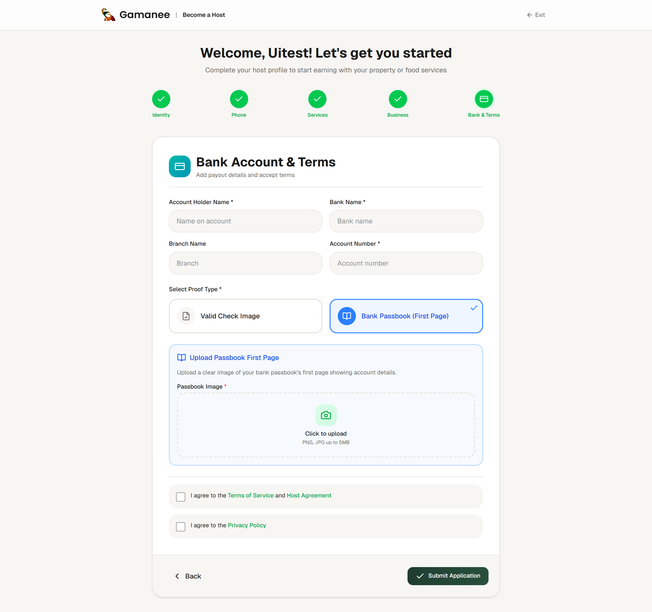 Host registration step 5: bank account details and terms acceptance