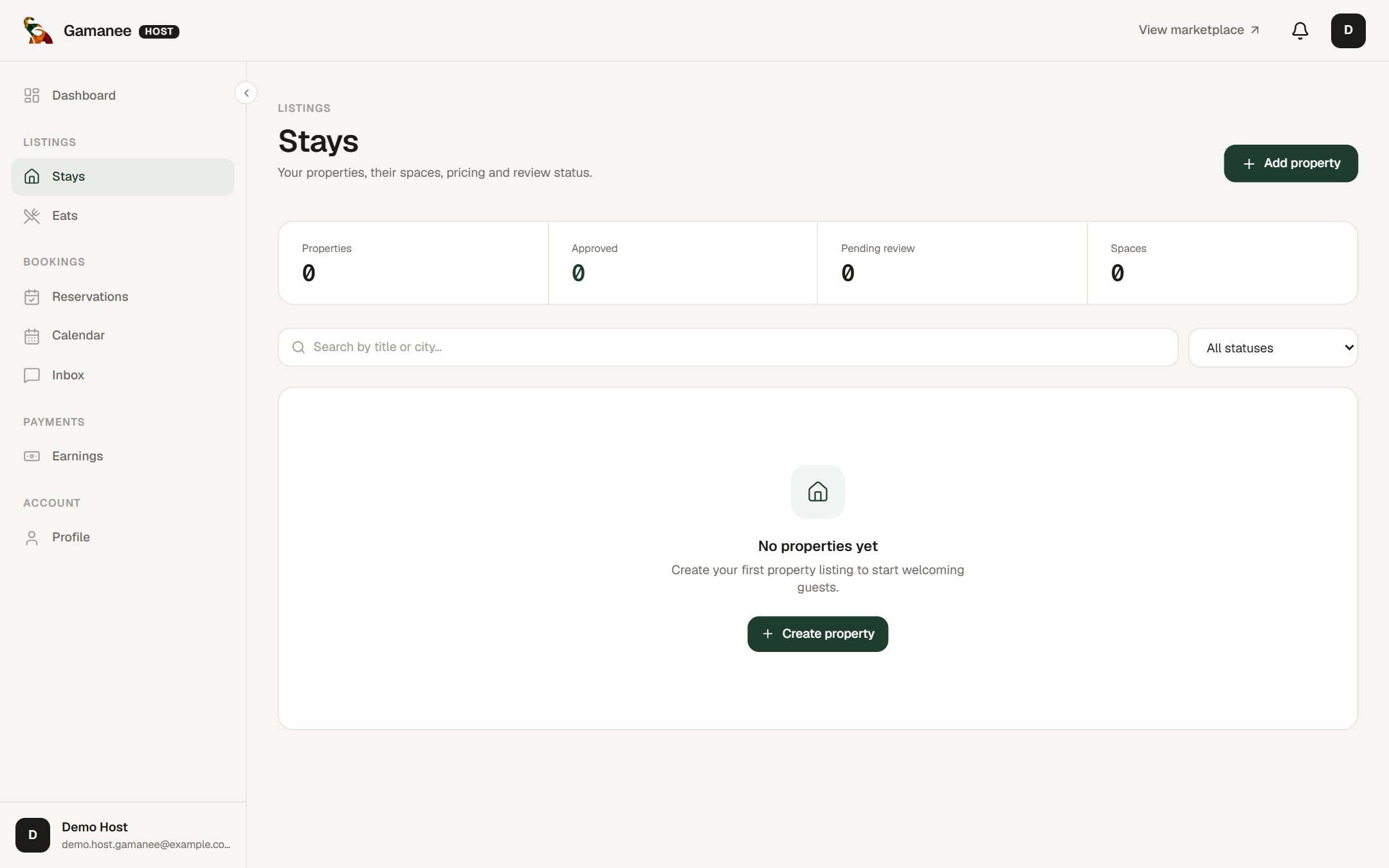 Host stays page for creating and managing accommodation listings