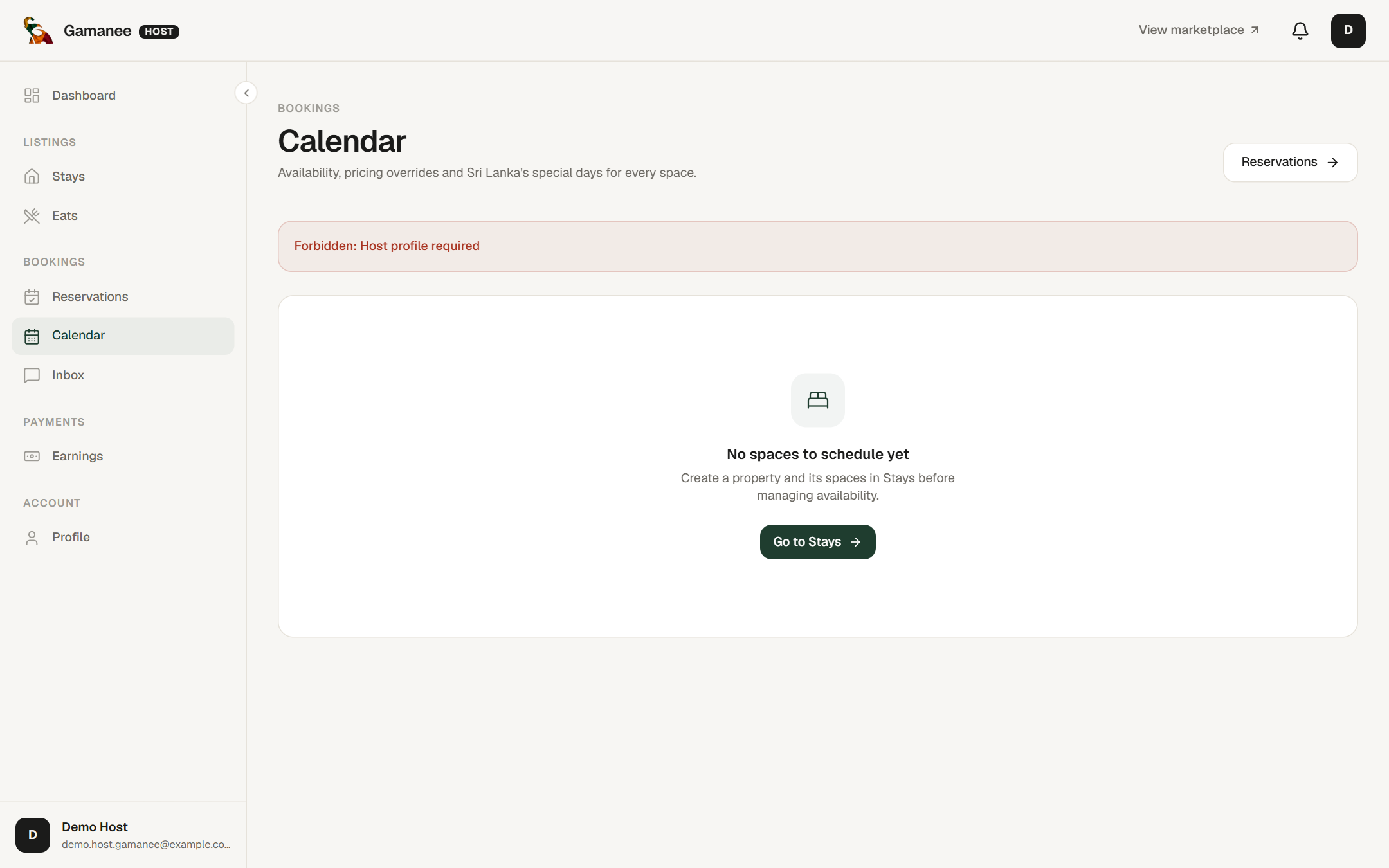 Host reservations calendar with availability and holiday markers